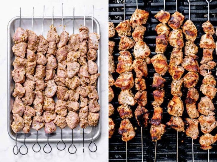 Χοιρινό souvlaki σε σουβλάκια πριν και μετά τη ψησίματα