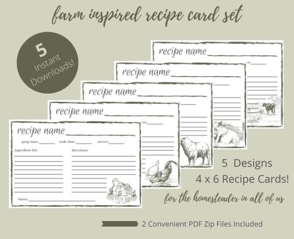 Homestead Farm Inspired Cards Cards Image που δείχνει και τις 5 επιλογές κάρτας συνταγών με θέμα αγροικίας